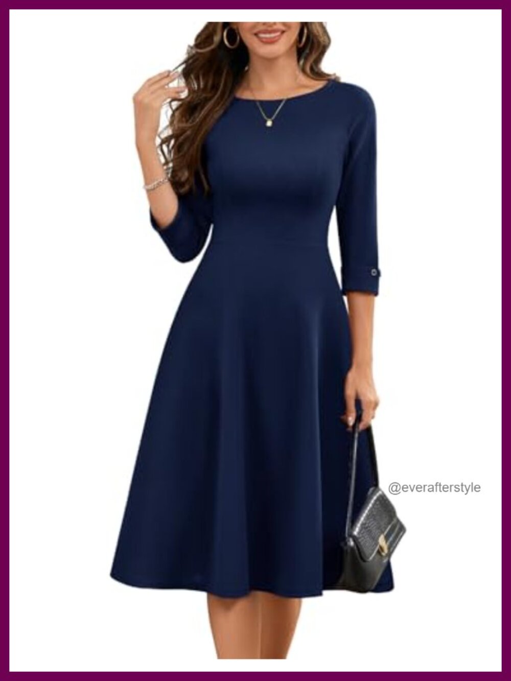Fit and Flare Midi Dress 3/4 Sleeve Modest Church Work Dress with Pockets